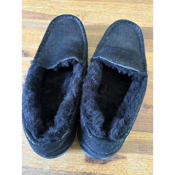 Abeo Leather Slippers Size 8 Black Leather Sparkle Moccasins Sheepskin Lining - Picture 8 of 16